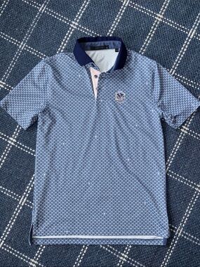 Greyson Boys Gray Blue Geometric Golf Polo with Navy Collar